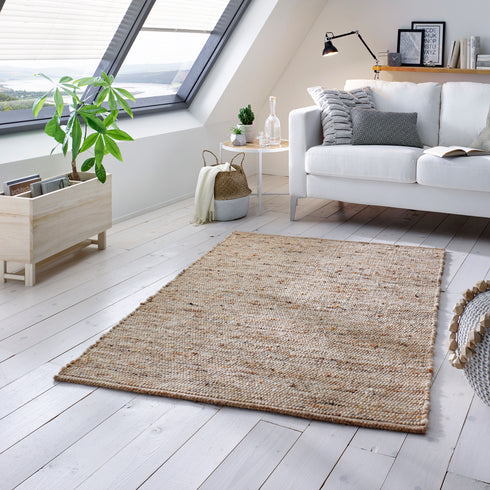 Wollteppich Natur | Reine Schur-Wolle Handweb Teppich im Skandinavischen Design | Sand Multi